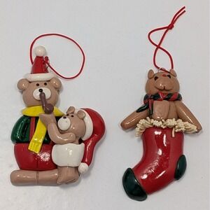 Handmade Christmas Teddy Bear Ornaments Lot of 2 Festive Holiday Decor